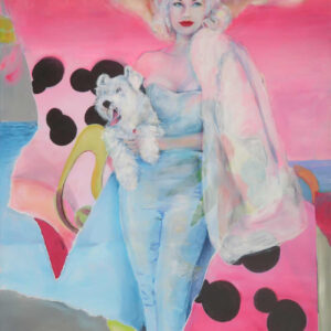 Gemälde „Fluffy Sunset“ von Monika Kaiblinger – 120 × 160 cm Unikat mit Frau im blauen Kleid