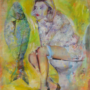Gemälde „Pretty Fishy“ von Monika Kaiblinger – Unikat mit Frau auf Toilette im Spitzenkleid