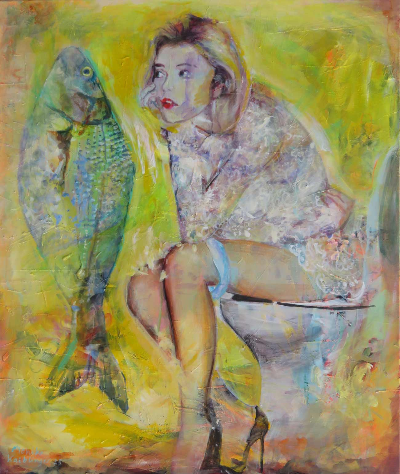 Gemälde „Pretty Fishy“ von Monika Kaiblinger – Unikat mit Frau auf Toilette im Spitzenkleid