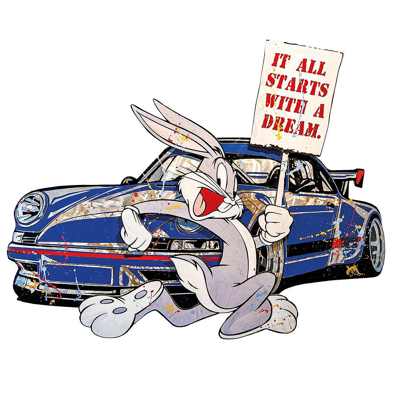 Devin Miles „It all starts with a dream“ – Bugs Bunny mit Schild vor Porsche als Pop-Art-Motiv auf Aluminium