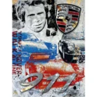 Devin Miles Thrill of Sounds, 3D-Installation auf gebürstetem Aluminium mit Porsche 911, Steve McQueen und Porsche-Wappen, 98 × 130 cm.