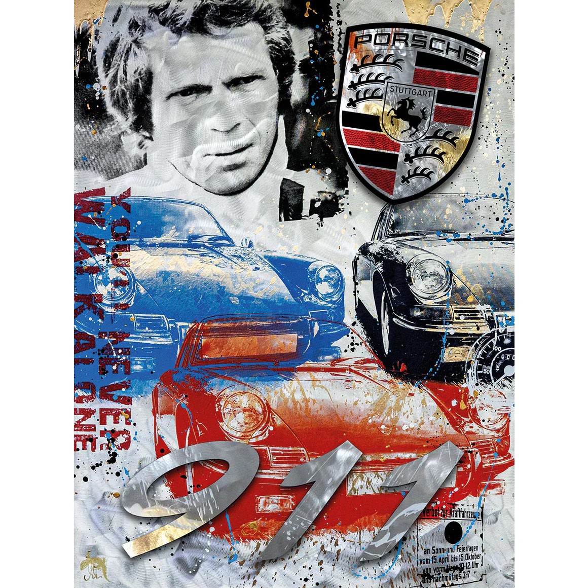 Devin_Miles_Thrill_of_Sounds Devin Miles Thrill of Sounds, 3D-Installation auf gebürstetem Aluminium mit Porsche 911, Steve McQueen und Porsche-Wappen, 98 × 130 cm.