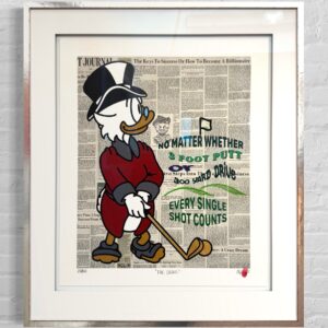 Gerahmte Collage-Grafik ‚The Drive‘ von Appollo mit Dagobert Duck als Golfer