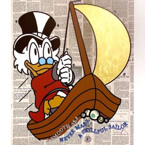 Appollo KEEP IT COOL CAPTAIN Collage mit Dagobert Duck und 24 Karat Blattgold auf Zeitungshintergrund
