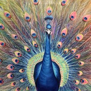 Acrylgemälde „Folge Deinem Herzen“ von Anna Lipski mit farbenprächtigem Pfau und Herzsymbol im Zentrum