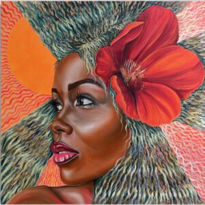 Porträtgemälde „solar flare“ von Anna Lipski mit roter Blüte und stilisierter Sonne