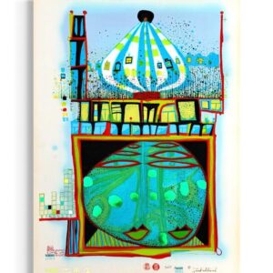Hundertwasser Homo Humus Farblithographie 1982/83 mit Architekturform und stilisiertem Gesicht in kräftigen Farben