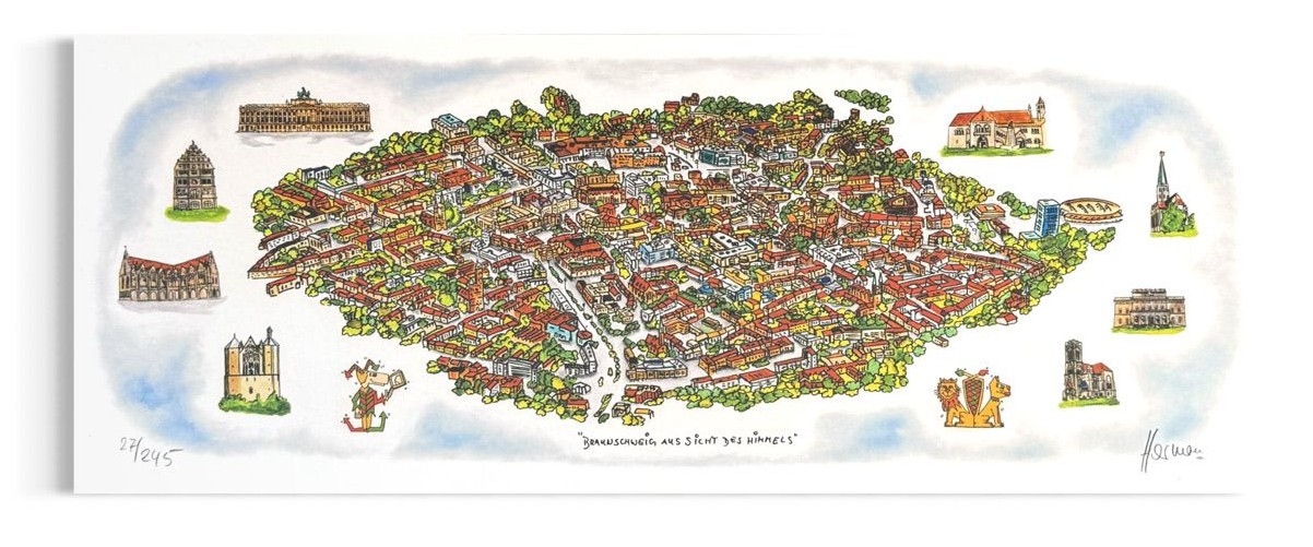 Herman Braunschweig aus Sicht des Himmels Grafik Druck Stadtansicht Panorama signiert limitiert