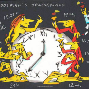 „Coolman’s Tagesablauf“ von Udo Lindenberg – bunte Figuren rund um eine Uhr