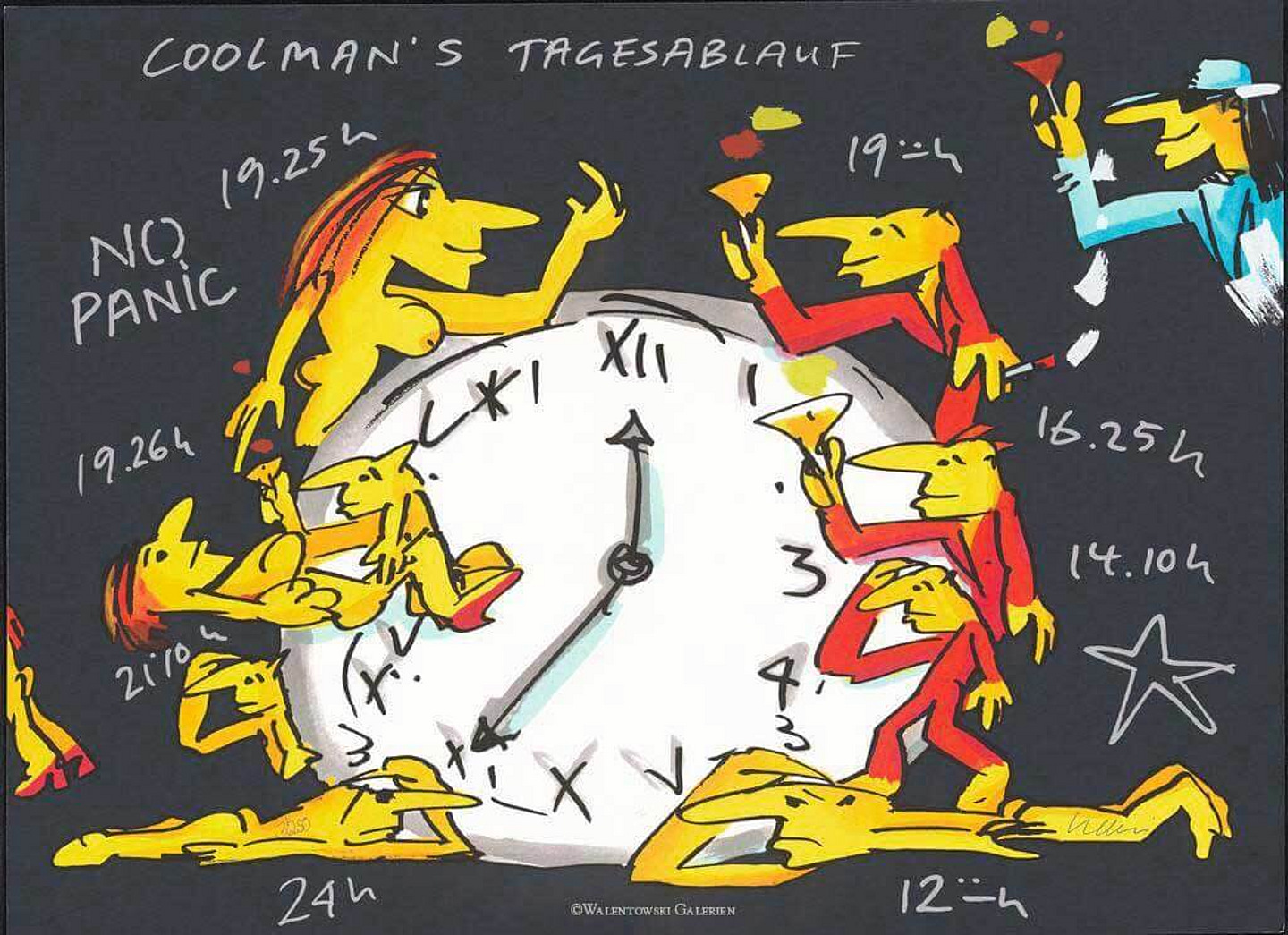 „Coolman’s Tagesablauf“ von Udo Lindenberg – bunte Figuren rund um eine Uhr
