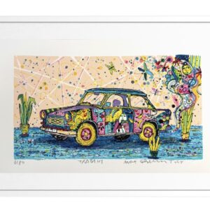 Max Grimm Trabant Serigrafie auf Büttenpapier mit bunt gestaltetem Trabant