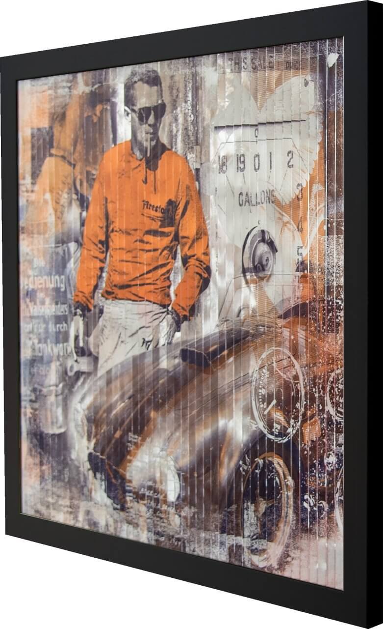 Devin Miles Steve – Vintage, Mixed Media auf gebürstetem Aluminium, 75 × 75 cm, Edition 7/39 mit Steve McQueen und klassischem Sportwagen.
