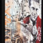 Devin Miles Steve – Vintage, Mixed Media auf gebürstetem Aluminium, 75 × 75 cm, Edition 7/39 mit Steve McQueen und klassischem Sportwagen.