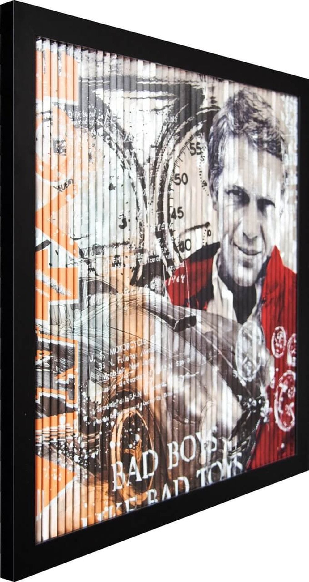 Devin Miles Steve – Vintage, Mixed Media auf gebürstetem Aluminium, 75 × 75 cm, Edition 7/39 mit Steve McQueen und klassischem Sportwagen.