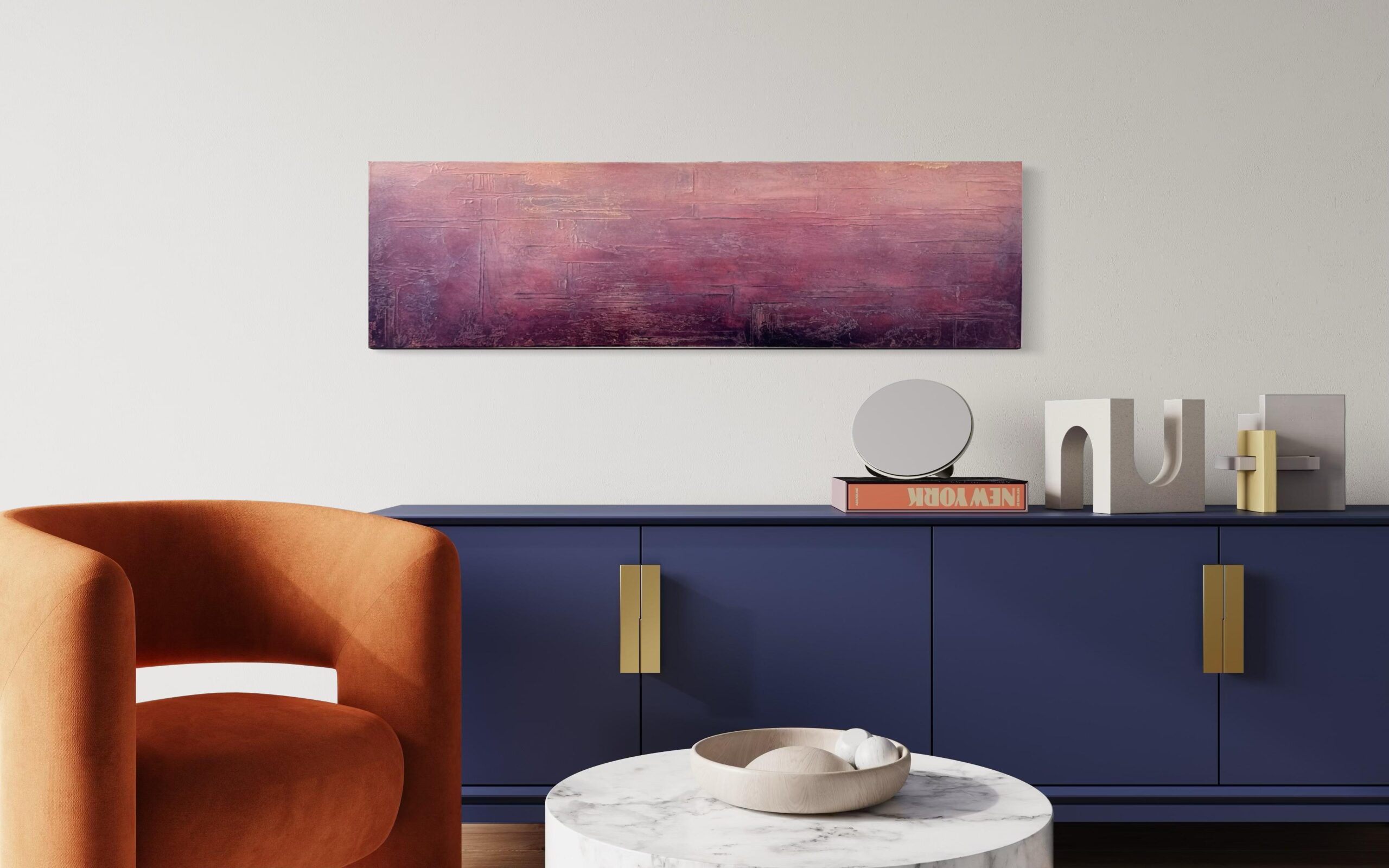 Fee Gunkel Lead the Way, Mischtechnik auf Leinwand, Unikat, 140 × 40 cm in Bordeaux-, Mauve- und Rosétönen mit strukturierter Oberfläche.