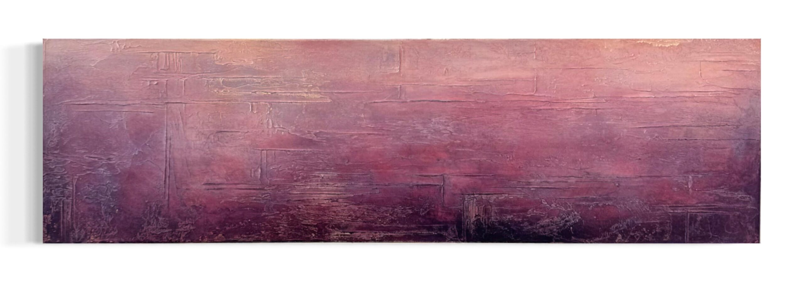 fee_gunkel_lead_the_way_unikat_acryl_auf_leinwand_2026 Fee Gunkel Lead the Way, Mischtechnik auf Leinwand, Unikat, 140 × 40 cm in Bordeaux-, Mauve- und Rosétönen mit strukturierter Oberfläche.