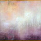 Fee Gunkels abstraktes Acrylgemälde „Solstice“ in Grau, Rosa und Violett mit leuchtender fluoreszierender Rahmung.