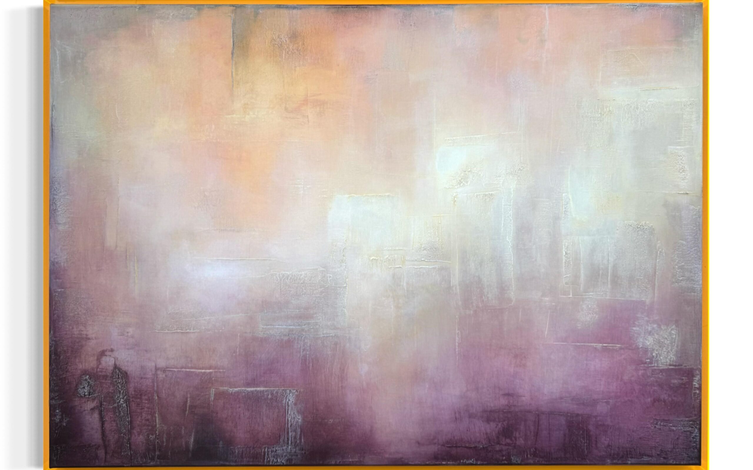 fee_gunkel_solstice_acryl_on_canvas Fee Gunkels abstraktes Acrylgemälde „Solstice“ in Grau, Rosa und Violett mit leuchtender fluoreszierender Rahmung.