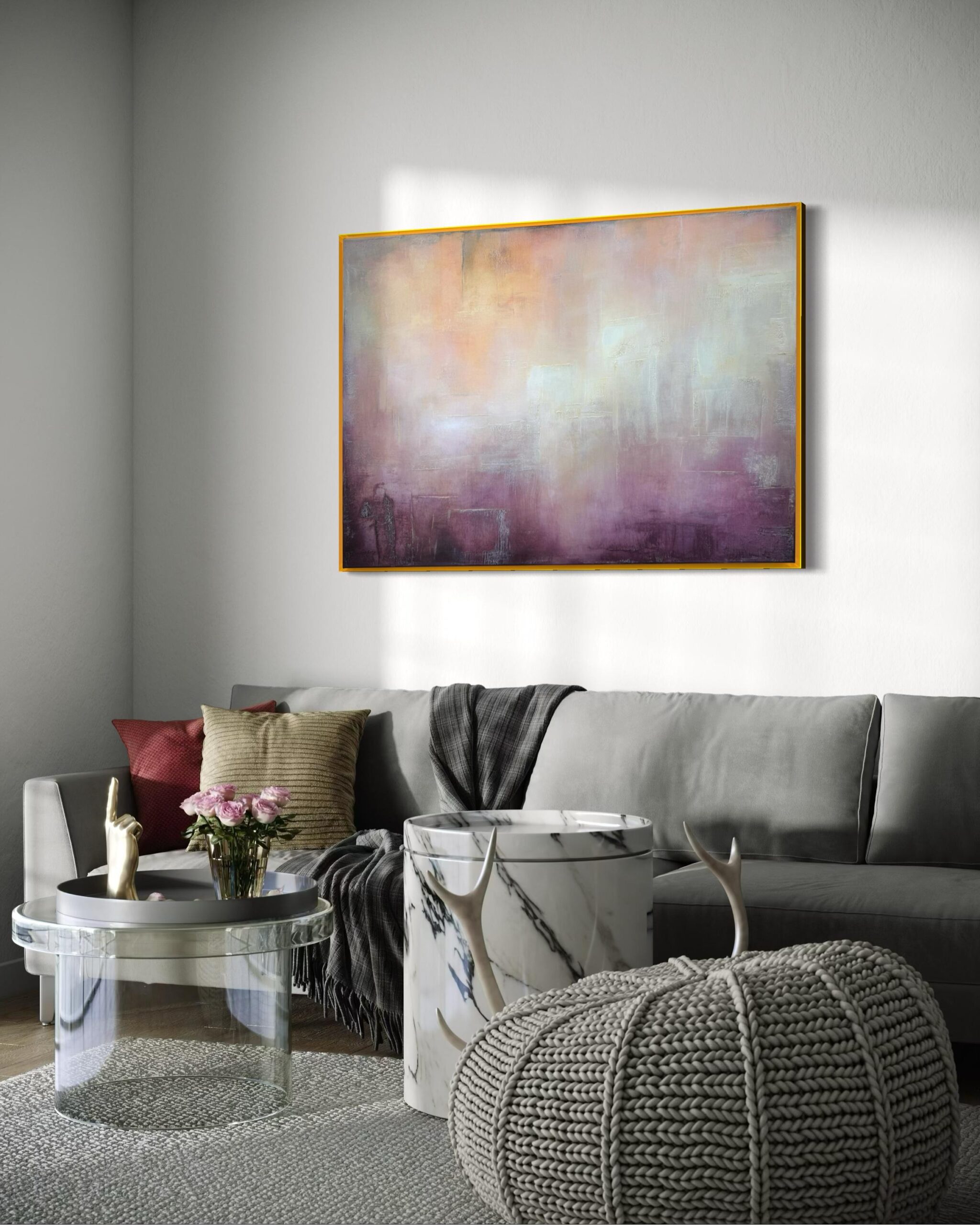 Fee Gunkels abstraktes Acrylgemälde „Solstice“ in Grau, Rosa und Violett mit leuchtender fluoreszierender Rahmung.