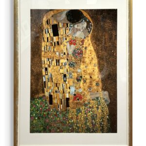 Gerahmter Fine-Art-Print von Gustav Klimts „Der Kuss“ mit weiß-goldener Leiste und Museumsglas