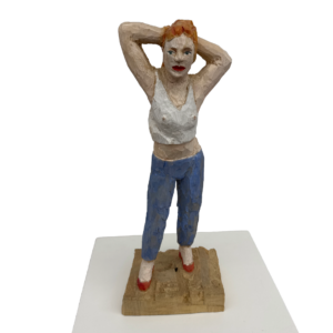 Holzskulptur „Auf in die Disco“ von Rudolf Hearing aus dem Jahr 2019 – 38 cm hohes Unikat
