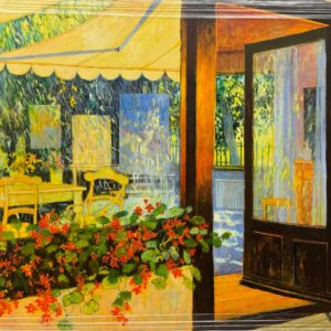 Ölgemälde „Die Markise“ von Uwe Herbst mit floraler Terrasse