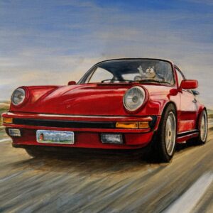 „Life in the Fast Lane“ von Otto Waalkes – roter Porsche mit Ottifant am Steuer