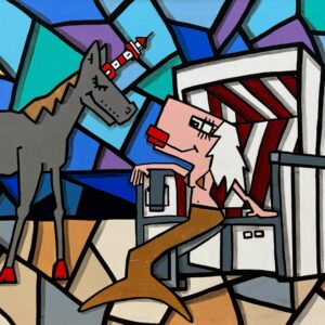 „NieMeerjungfrau“ von Herman – bunte Pop-Art-Szene mit stilisierter Meerjungfrau im Strandkorb und Einhorn mit Leuchtturm