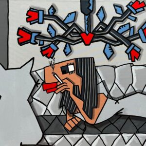 „Grey-Smoke“ von Herman – grafisches Gemälde mit rauchender Frau auf Sofa