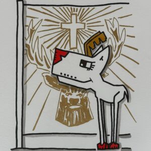 „Reh-Klame“ von Herman – stilisiertes Reh vor Kreuz- und Hirschkopfmotiv