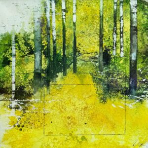 „Cool Place“ 159 von Gabriele Lockstaedt – abstrahierte Waldlandschaft in Gelb-Grün mit hellem Pfad