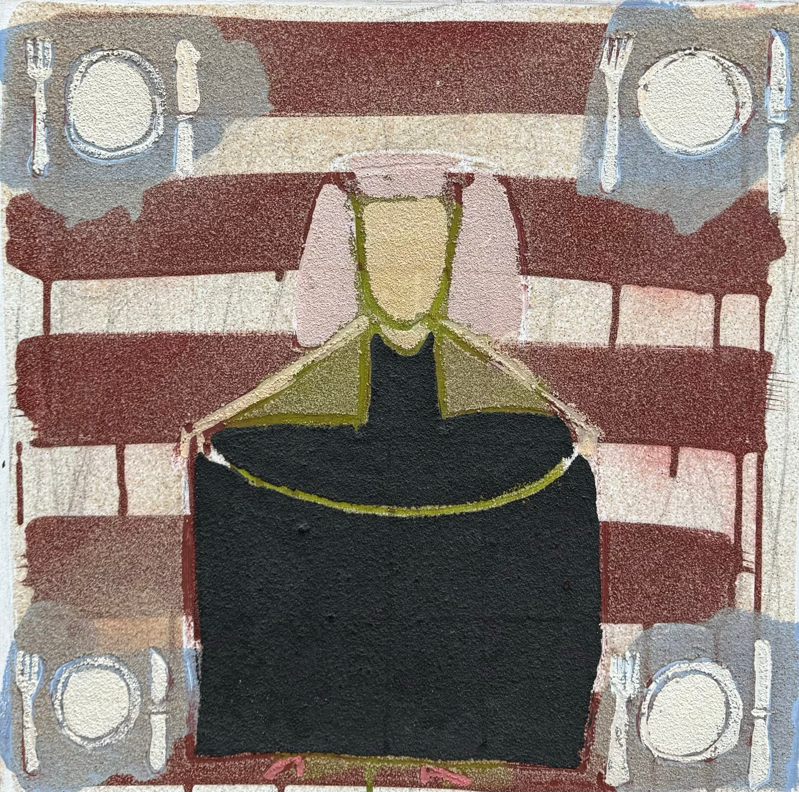 Gemälde „Casa“ von Lis Petersen mit stilisierter Figur in Schwarz vor Streifenhintergrund