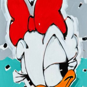 Pop-Art-Gemälde „still watching…“ von Wolfgang Loesche mit weiblicher Cartoonente und Schriftzug