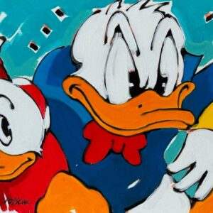 Acrylgemälde „Trio“ von Wolfgang Loesche mit drei comicartigen Entenfiguren in Rot