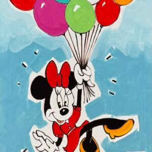 Comicfigur mit rotem Kleid und Ballonstrauß schwebt auf blauem Hintergrund nach oben
