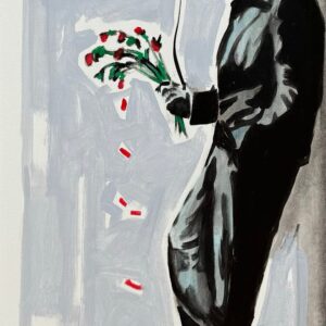 Vertikales Acrylgemälde „Thank you Banksy“ von Wolfgang Loesche mit schwarzer Figur