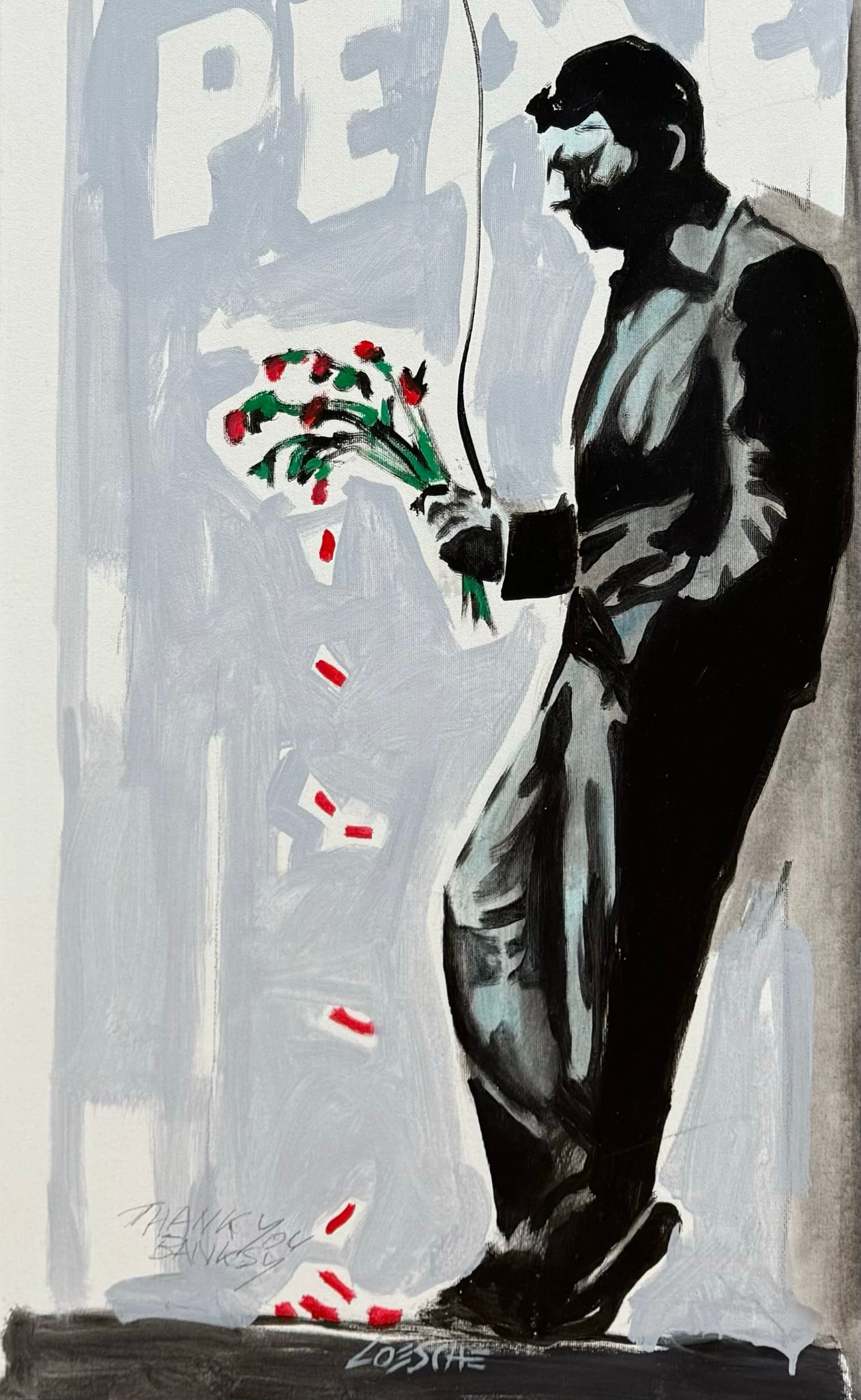 Vertikales Acrylgemälde „Thank you Banksy“ von Wolfgang Loesche mit schwarzer Figur