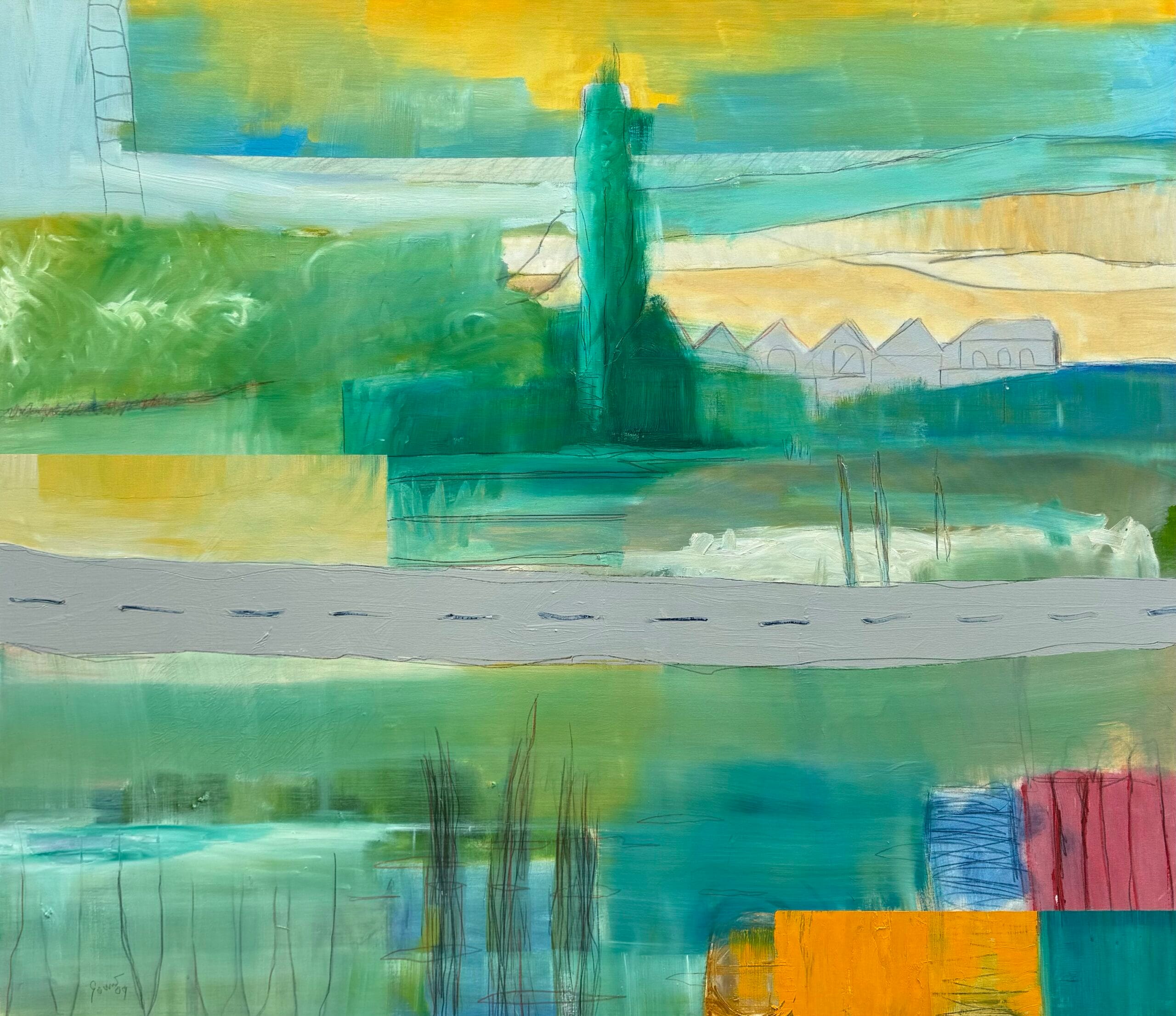 Abstraktes Gemälde von Dirk Sommer in Acryl mit grüner Mittelachse