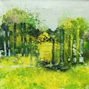 „Cool Place“ 164 von Gabriele Lockstaedt – abstraktes Waldbild in Mischtechnik mit Gelb- und Grüntönen