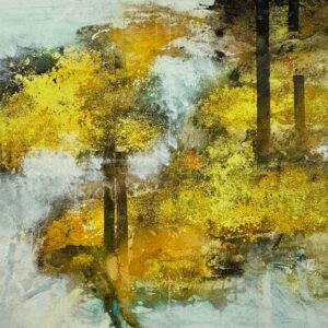 Abstraktes Acrylgemälde „Ein Vogel namens Schopenhauer“ von Gabriele Lockstaedt in Gelb-