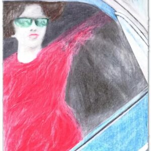 Seriegrafie „Woman with Red Dress in Blue Car“ von James Francis Gill – 75 × 60 cm