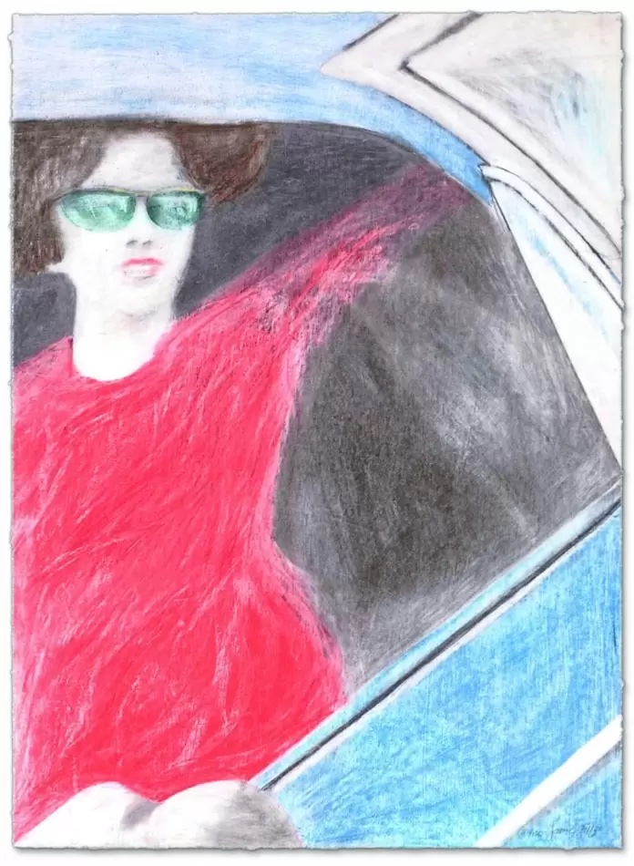Seriegrafie „Woman with Red Dress in Blue Car“ von James Francis Gill – 75 × 60 cm