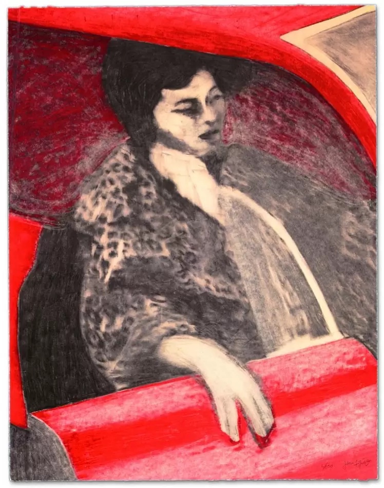 Seriegrafie „Woman in Red Car“ von James Francis Gill – 75 × 60 cm