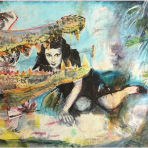 Gemälde „Danger in Paradise“ von Monika Kaiblinger – 160 × 120 cm Acryl-Unikat mit Frau und Krokodil in tropischer Kulisse