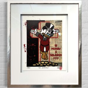 Gerahmte Collage-Grafik ‚The Sacrifice‘ von Appollo mit Dagobert Duck am Kreuz
