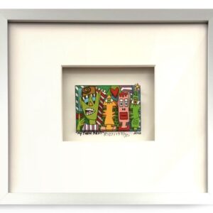 James Rizzi 3D-Grafik „My Turn Next“ mit vier bunten Charakterköpfen und Herz