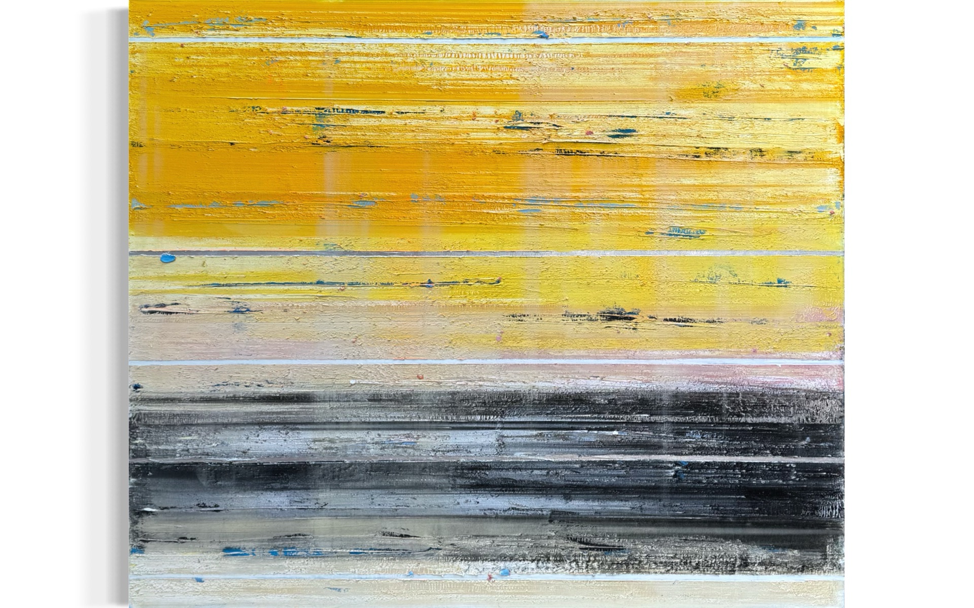 Petra Rös-Nickel yellow nature – abstrakte Mischtechnik mit gelben und dunklen horizontalen Farbschichten auf Leinwand