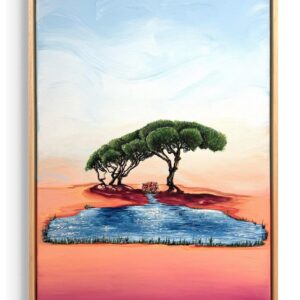 Zeitgenössisches Gemälde „Oleandro d’ Acqua“ von Anna Lipski und Madeline Lunkeit mit mediterranen Bäumen und Wasserfläche in leuchtenden Rosa- und Blautönen.