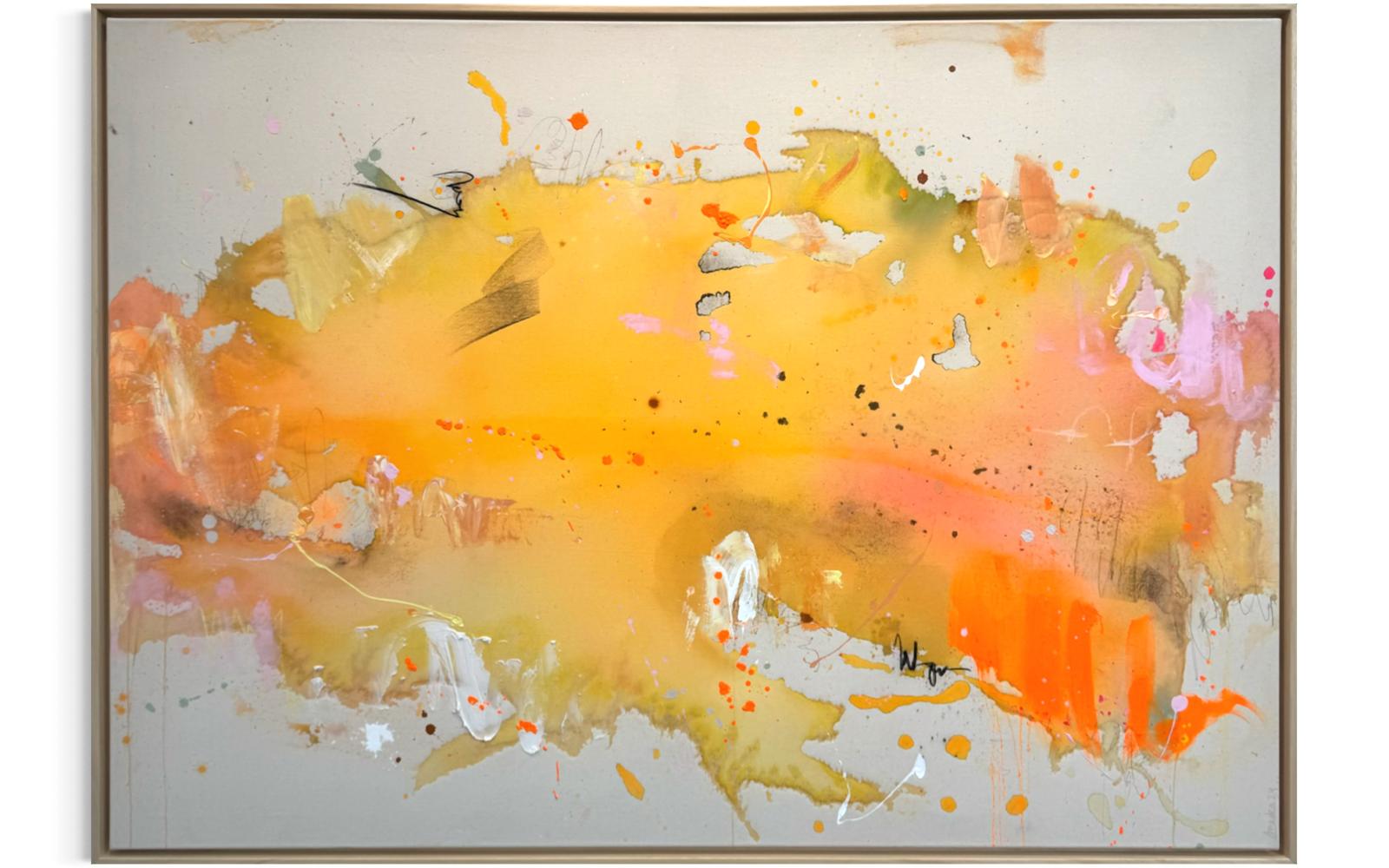 marika_thoms_glow_2026_art Marika Thoms Glow, Mixed Media auf Leinwand, 140 × 100 cm, Unikat von 2026 in Gelb-, Orange- und Apricottönen.