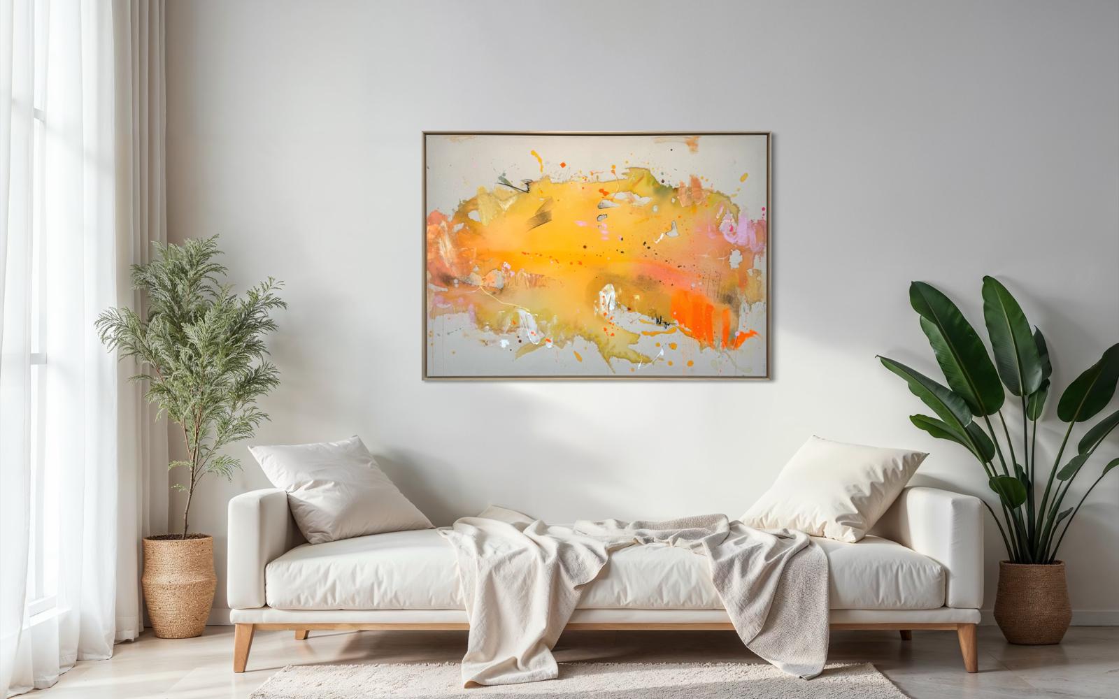 Marika Thoms Glow, Mixed Media auf Leinwand, 140 × 100 cm, Unikat von 2026 in Gelb-, Orange- und Apricottönen.